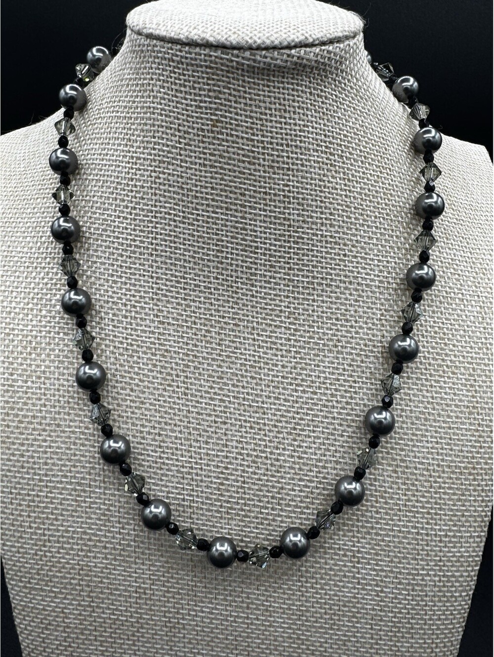 Gray Faux Pearl Crystal Beaded Necklace Silver Tone Hook Clasp Statement